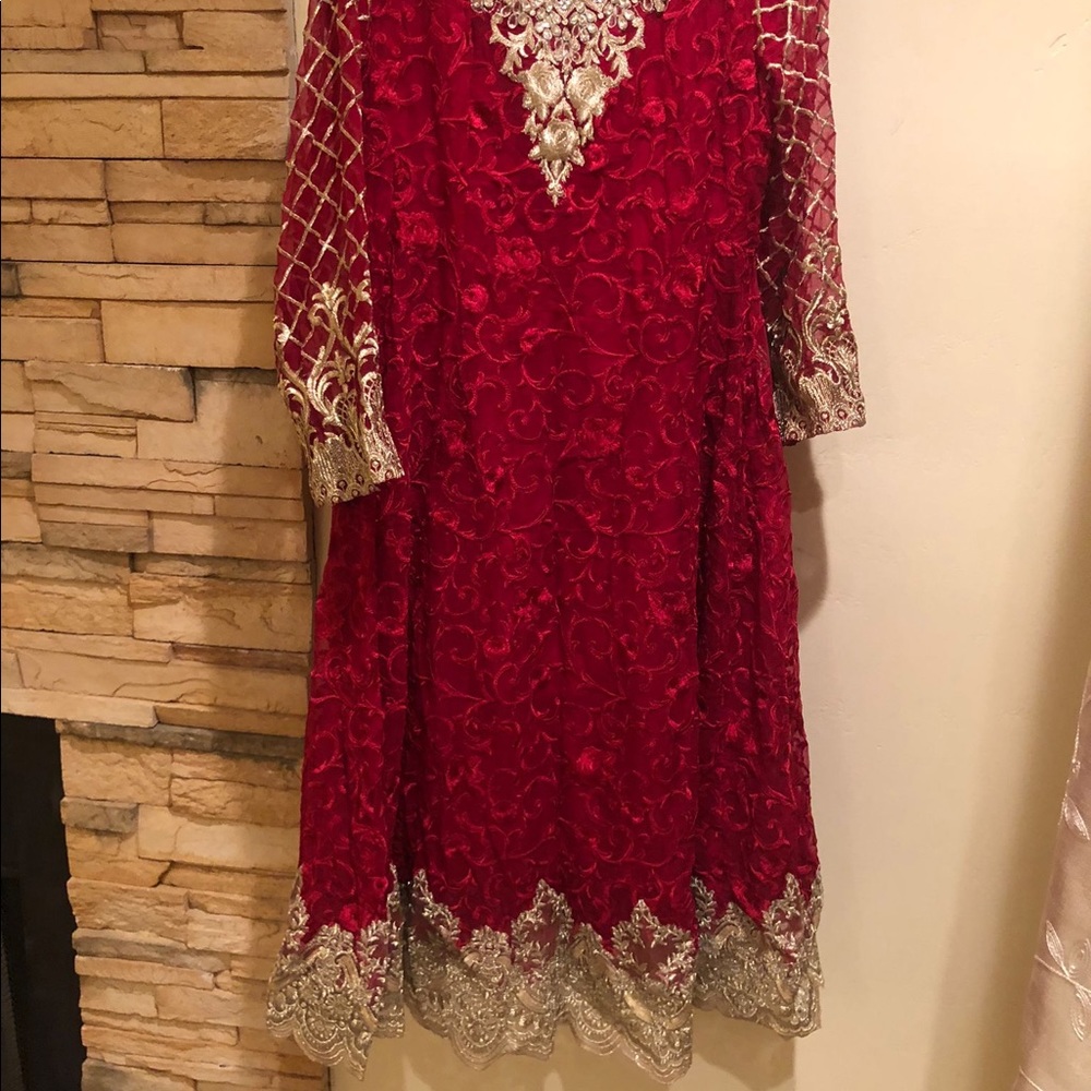 slim fit dress slacks Ronak-e-Mehfil Red Chiffon Pakistani Suit